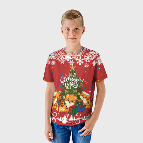 Детская футболка 3D Тигрята и ёлка, цвет 3D печать - фото 3