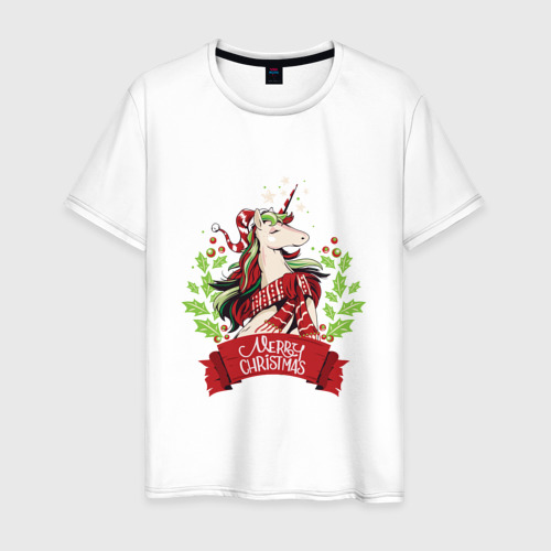 Мужская футболка из хлопка с принтом Christmas Unicorn, вид спереди №1