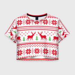 Женская футболка Crop-top 3D Новогодний узор с оленями 1