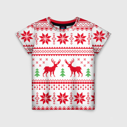 Детская футболка 3D с принтом Новогодний узор с оленями 1, вид спереди #2