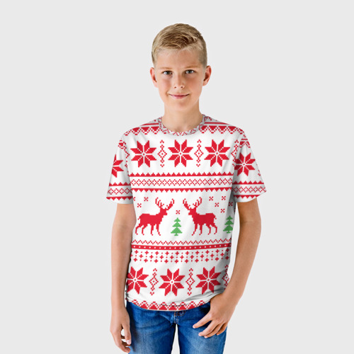 Детская футболка 3D с принтом Новогодний узор с оленями 1, фото на моделе #1