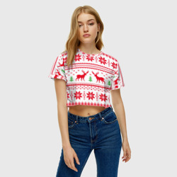 Женская футболка Crop-top 3D Новогодний узор с оленями 1 - фото 2