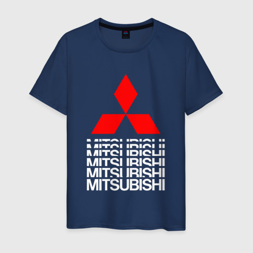 Мужская футболка из хлопка с принтом Mitsubishi Мицубиси Митсубиси Мицубиши logo style, вид спереди №1