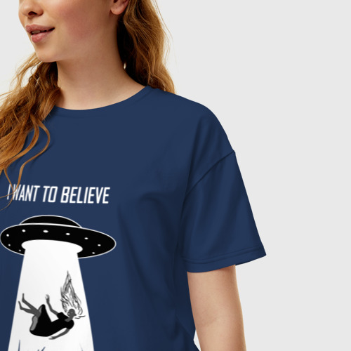 Женская футболка хлопок Oversize I Want To Believe, UFO, цвет темно-синий - фото 3