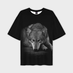 Мужская футболка oversize 3D Волк, на черном фоне
