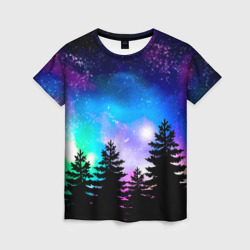 Женская футболка 3D Космический лес, елки и звезды