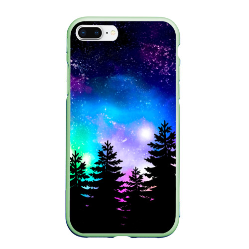 Чехол для iPhone 7Plus/8 Plus матовый с принтом Космический лес, елки и звезды, вид спереди #2