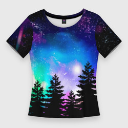 Женская футболка 3D Slim Космический лес, елки и звезды