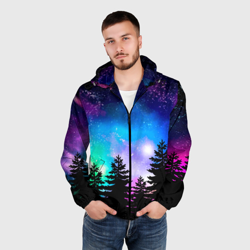 Мужская ветровка 3D Космический лес, елки и звезды, цвет черный - фото 3