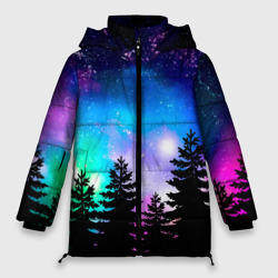 Женская зимняя куртка Oversize Космический лес, елки и звезды