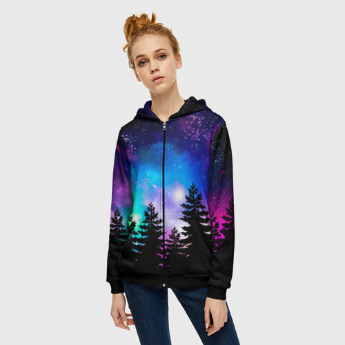 Женская толстовка 3D на молнии Космический лес, елки и звезды, цвет черный - фото 3
