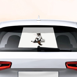 Наклейка на авто на заднее стекло Котик с пистолетом на стене  мем