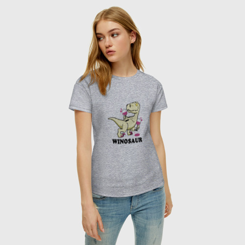 Женская футболка хлопок Винозавр, а вино будешь?, цвет меланж - фото 3
