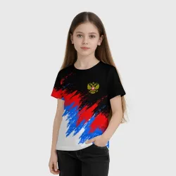 Детская футболка 3D Россия, брызги красок, триколор с гербом - фото 2