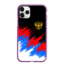Чехол для iPhone 11 Pro Max матовый Россия, брызги красок, триколор с гербом