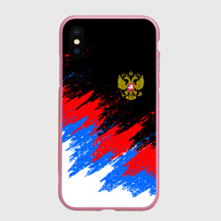 Чехол для iPhone XS Max матовый Россия, брызги красок, триколор с гербом
