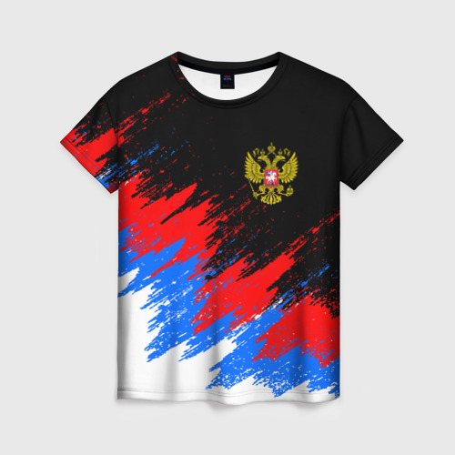 Женская футболка 3D с принтом РОССИЯ, БРЫЗГИ КРАСОК, ТРИКОЛОР, вид спереди #2
