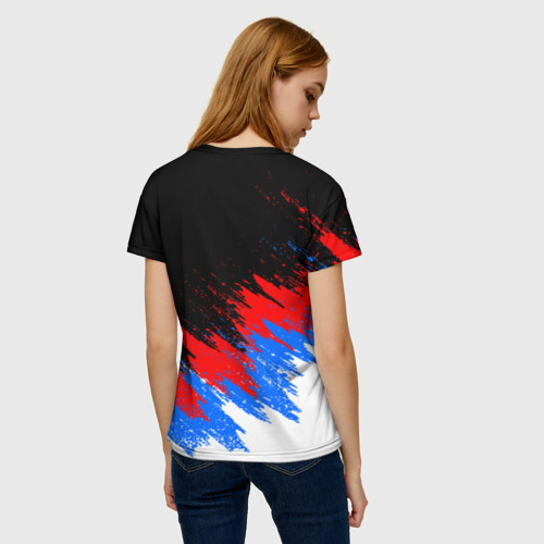 Женская футболка 3D с принтом РОССИЯ, БРЫЗГИ КРАСОК, ТРИКОЛОР, вид сзади #2