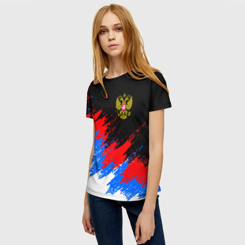 Женская футболка 3D с принтом РОССИЯ, БРЫЗГИ КРАСОК, ТРИКОЛОР, фото на моделе #1