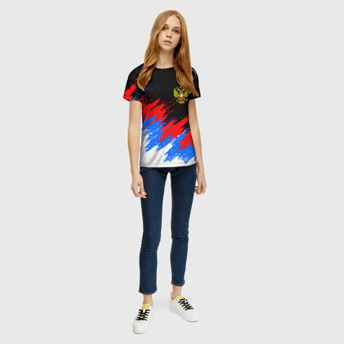 Женская футболка 3D с принтом РОССИЯ, БРЫЗГИ КРАСОК, ТРИКОЛОР, вид сбоку #3
