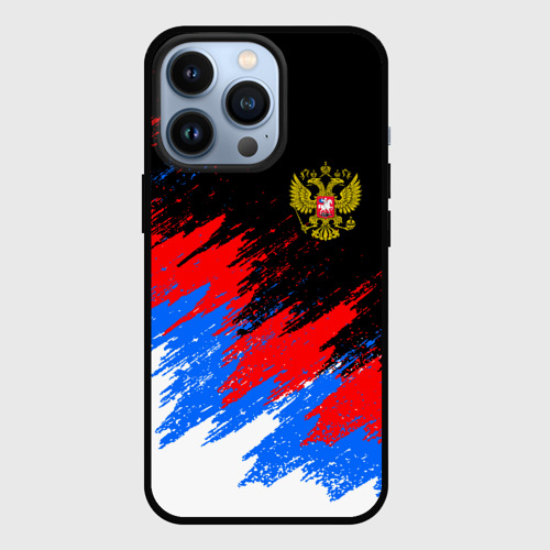 Чехол для iPhone 13 Pro Россия, брызги красок, триколор, цвет черный