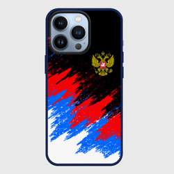 Чехол для iPhone 13 Pro Россия, брызги красок, триколор с гербом