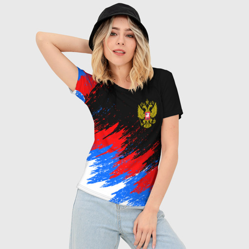 Женская футболка 3D Slim Россия, брызги красок, триколор - фото 3