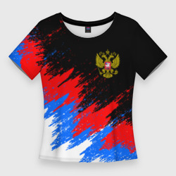 Женская футболка 3D Slim Россия, брызги красок, триколор