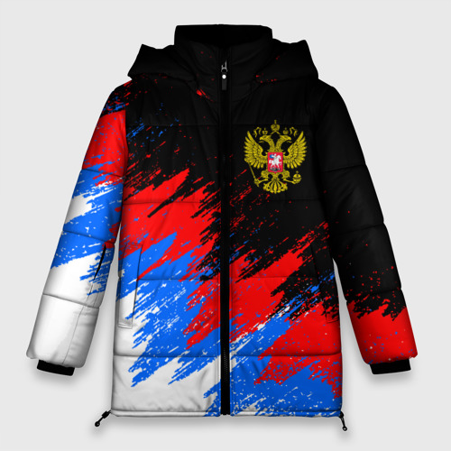 Женская зимняя куртка 3D с принтом Россия, брызги красок, триколор, вид спереди #2
