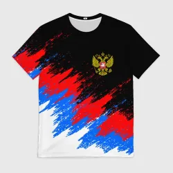 Мужская футболка 3D Россия, брызги красок, триколор с гербом