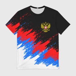 Мужская футболка 3D Россия, брызги красок, триколор с гербом