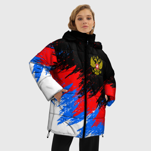 Женская зимняя куртка 3D с принтом Россия, брызги красок, триколор, фото на моделе #1