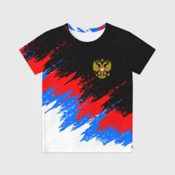 Детская футболка 3D Россия, брызги красок, триколор с гербом