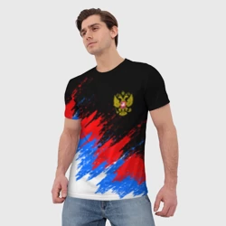 Мужская футболка 3D Россия, брызги красок, триколор с гербом - фото 2
