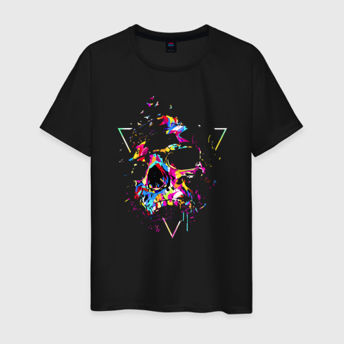 Мужская футболка хлопок Психоделический череп с птицами, цвет черный