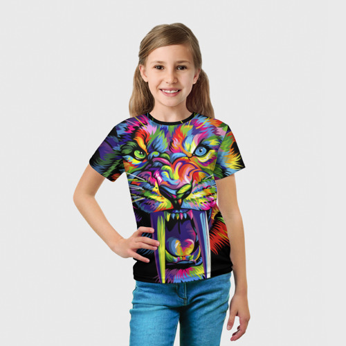 Детская футболка 3D Саблезубый тигр в стиле поп-арт, цвет 3D печать - фото 5