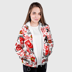Куртка с принтом Русская национальная роспись для женщины, вид на модели спереди №3. Цвет основы: белый