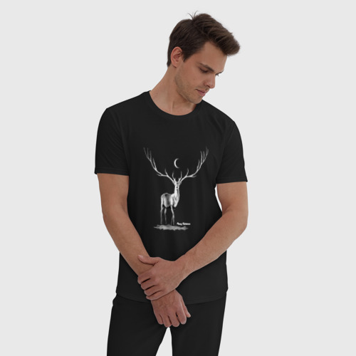 Мужская пижама хлопок Ночной олень, цвет черный - фото 3