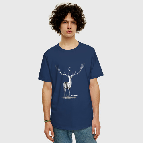 Мужская футболка хлопок Oversize Ночной олень, цвет темно-синий - фото 3