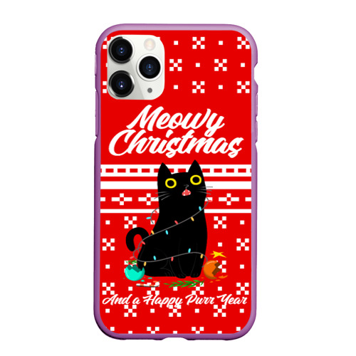 Чехол для iPhone 11 Pro Max матовый Meow christmas, цвет фиолетовый