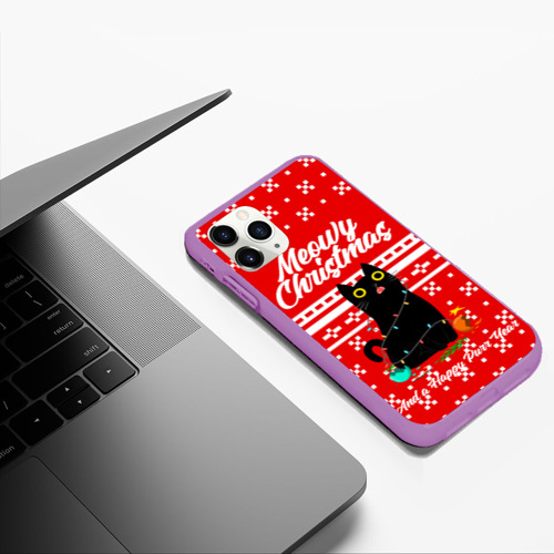 Чехол для iPhone 11 Pro Max матовый Meow christmas, цвет фиолетовый - фото 5