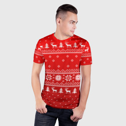 Мужская футболка 3D Slim Красный свитер с оленями - фото 2