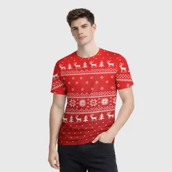 Мужская футболка 3D Красный свитер с оленями - фото 2