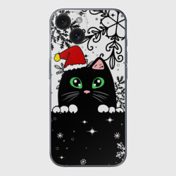 Чехол для iPhone 15 силиконовый с защитой камеры Новогодний кот в колпаке Санты