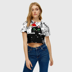 Женская футболка Crop-top 3D Новогодний кот в колпаке Санты - фото 2