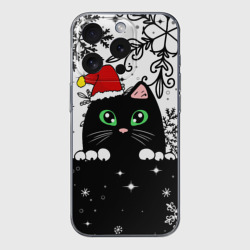 Чехол для iPhone 15 Pro Max силиконовый с защитой камеры Новогодний кот в колпаке Санты