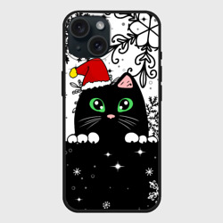 Чехол силиконовый для Apple iPhone 15 матовый Новогодний кот в колпаке Санты