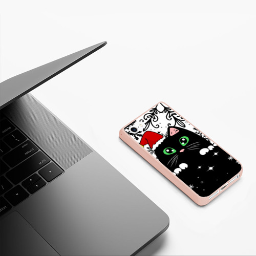 Чехол для iPhone 5/5S матовый Новогодний кот в колпаке Санты, цвет светло-розовый - фото 5