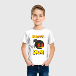 Футболка с принтом Serious Sam Bomb Logo для ребенка, вид на модели спереди №2. Цвет основы: белый