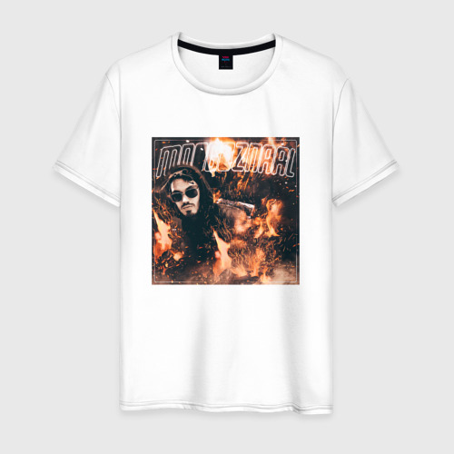 Мужская футболка из хлопка с принтом Mnogoznaal on fire, вид спереди №1